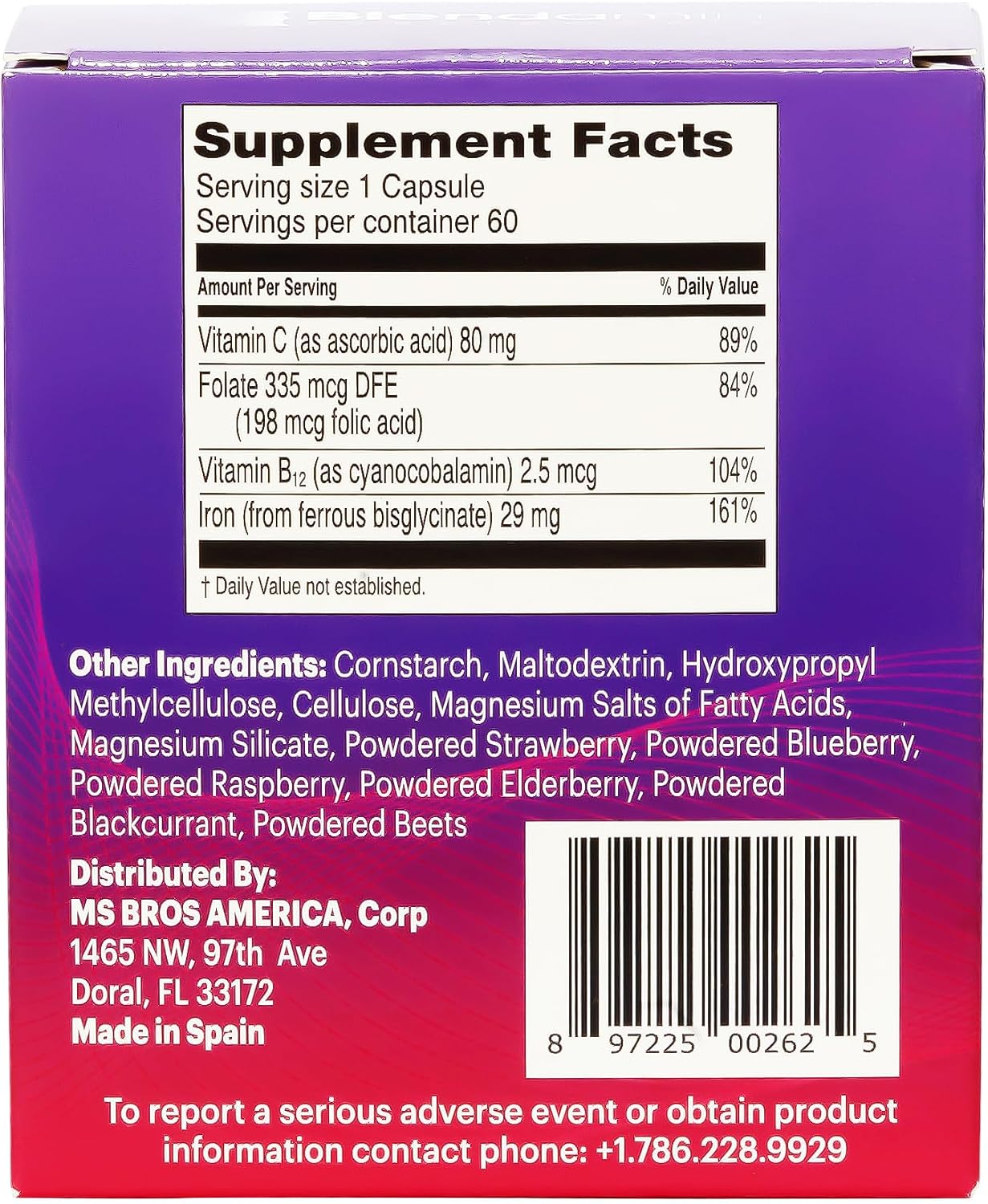 Blendamin Hierro Gluconato Ferroso con Vitaminas B12, Ácido Fólico y Vitamina C - 60 Cápsulas