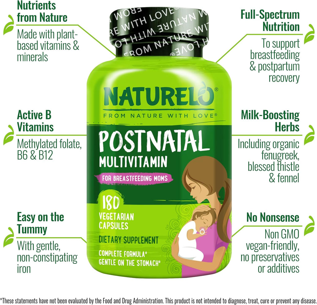 NATURELO Multivitamínico Postnatal - Complemento para Madres Lactantes - 180 Cápsulas (Pack de 2)