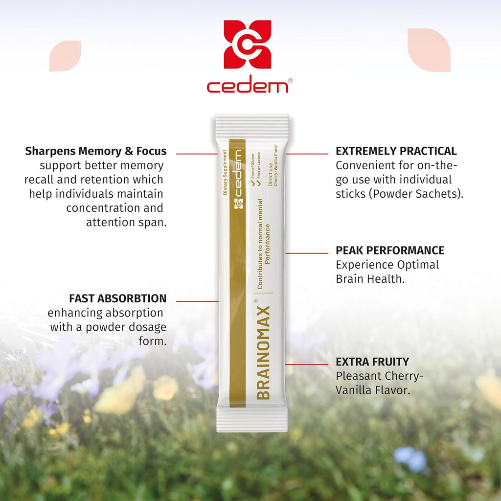 CEDEM Switzerland BRAINOMAX 20 Sticks de Polvo, Suplemento Nootrópico Sabor Cereza-Vainilla
