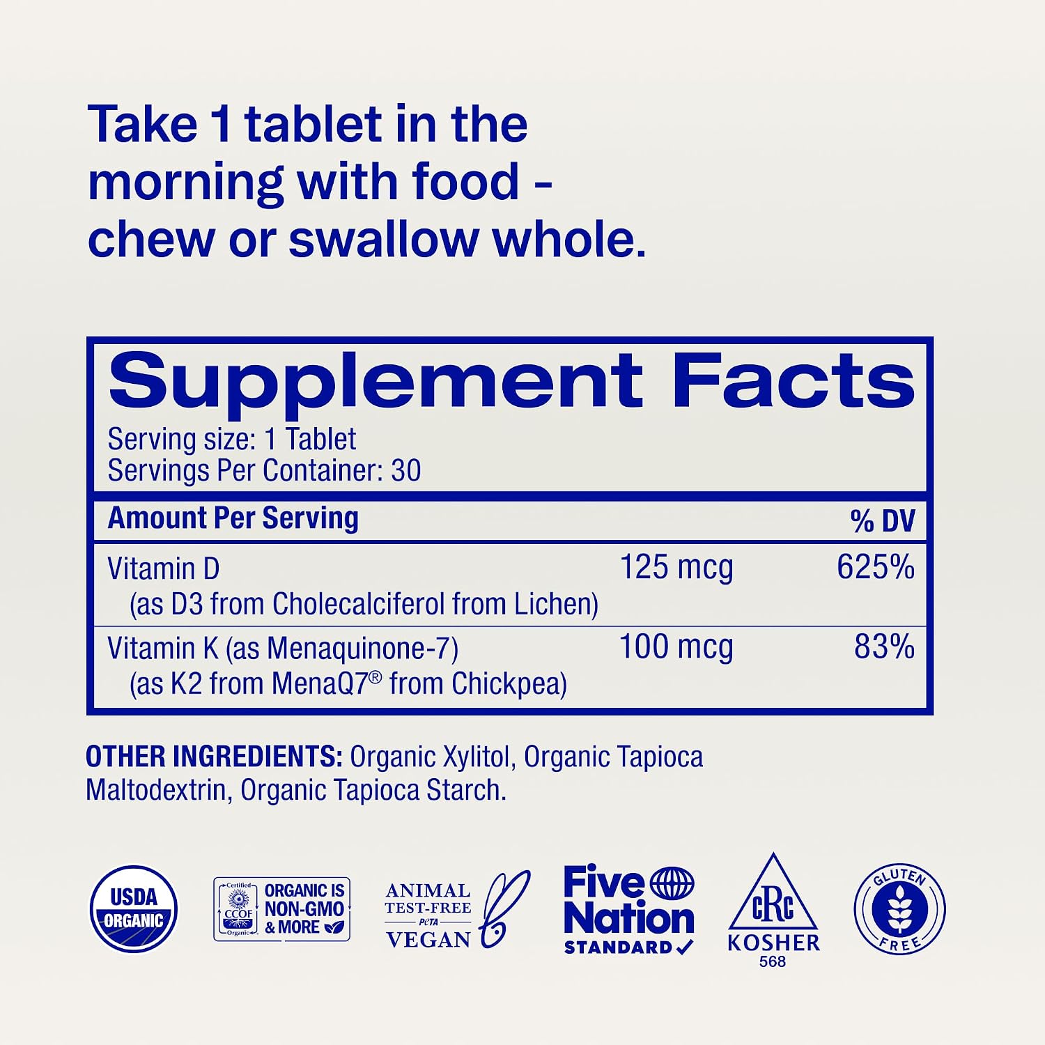 Ora Organic Vitamina D3 5000IU + K2 - Vitamina D Vegana de Líquenes y K2 de Garbanzos para la Salud Ósea, Apoyo Inmunitario y Estado de Ánimo - 30 Comprimidos Masticables