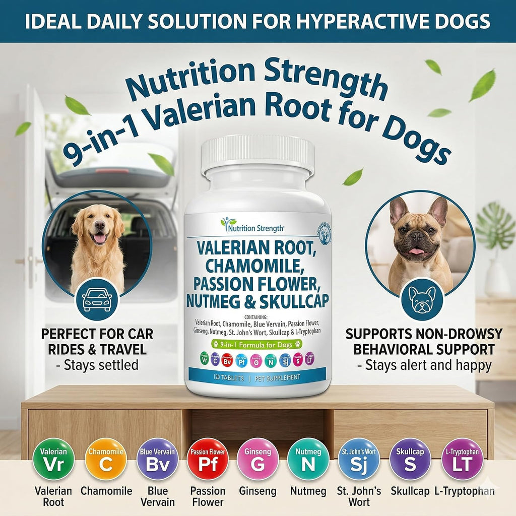 Nutrition Strength 9-en-1 Valeriana para Perros 200mg, Manzanilla 160mg, L-Triptófano y Hierbas para Estrés y Calma, 120 Comprimidos