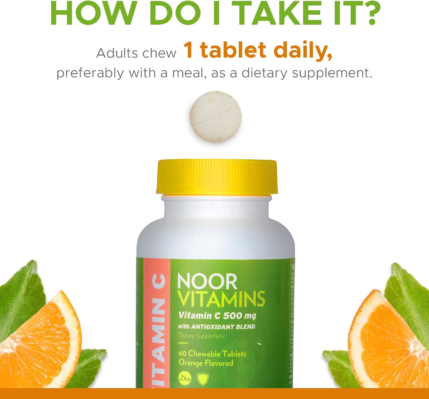 Noor Vitamins Vitamina C 500 mg Masticable con Escaramujo y Antioxidantes - 60 Comprimidos Sabor Naranja - Halal, Vegano, Sin Gluten