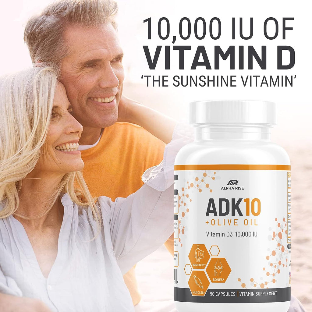 ALPHA RISE ADK 10 - Vitamina D3 10000 UI, K2 (MK7+MK4) y Vitamina A con Aceite de Oliva - 90 Cápsulas Vegetarianas - No GMO