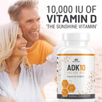 ALPHA RISE ADK 10 - Vitamina D3 10000 UI, K2 (MK7+MK4) y Vitamina A con Aceite de Oliva - 90 Cápsulas Vegetarianas - No GMO