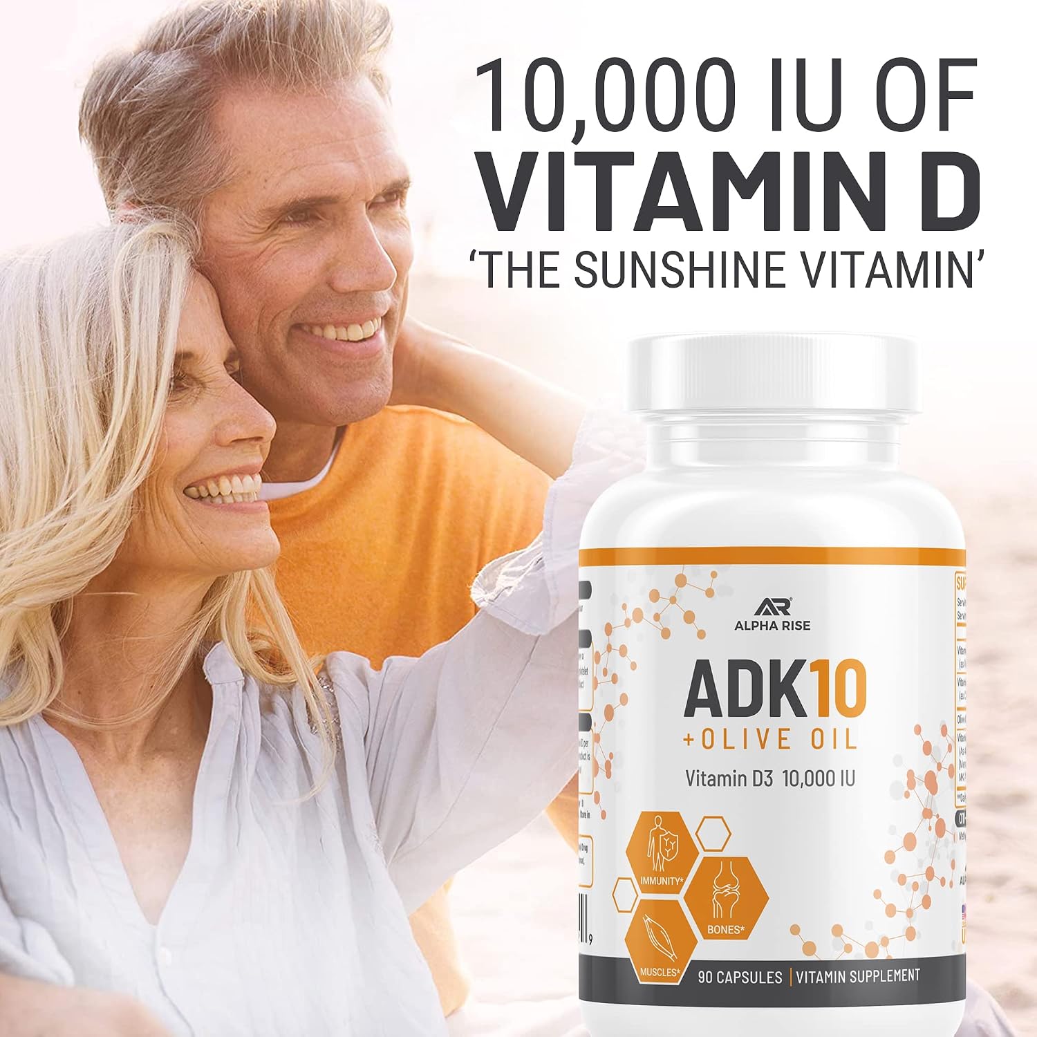 ALPHA RISE ADK 10 - Vitamina D3 10000 UI, K2 (MK7+MK4) y Vitamina A con Aceite de Oliva - 90 Cápsulas Vegetarianas - No GMO