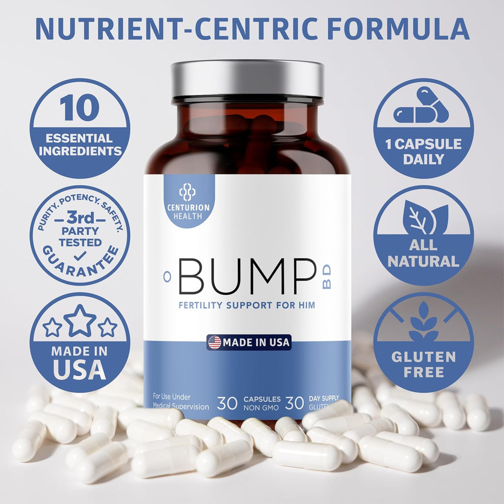 Centurion Health Bump BD - Suplemento de Fertilidad Masculina con Selenio, CoQ10, L-Metilfolato, DHA+EPA, 30 Cápsulas
