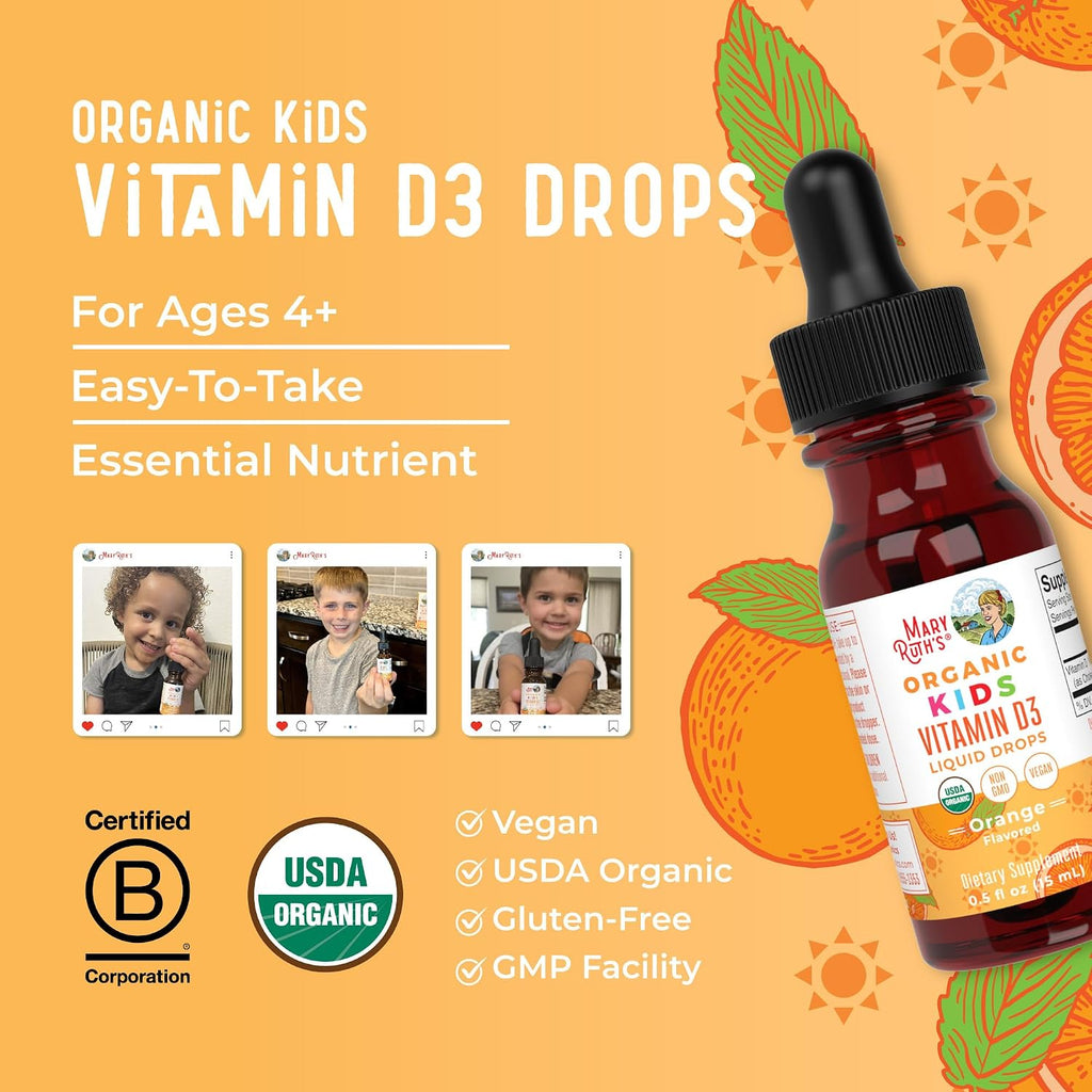 MaryRuth's Gotas Orgánicas de Vitamina D3 para Niños – 640 UI por Dosis – Sabor Naranja – 30 Dosis