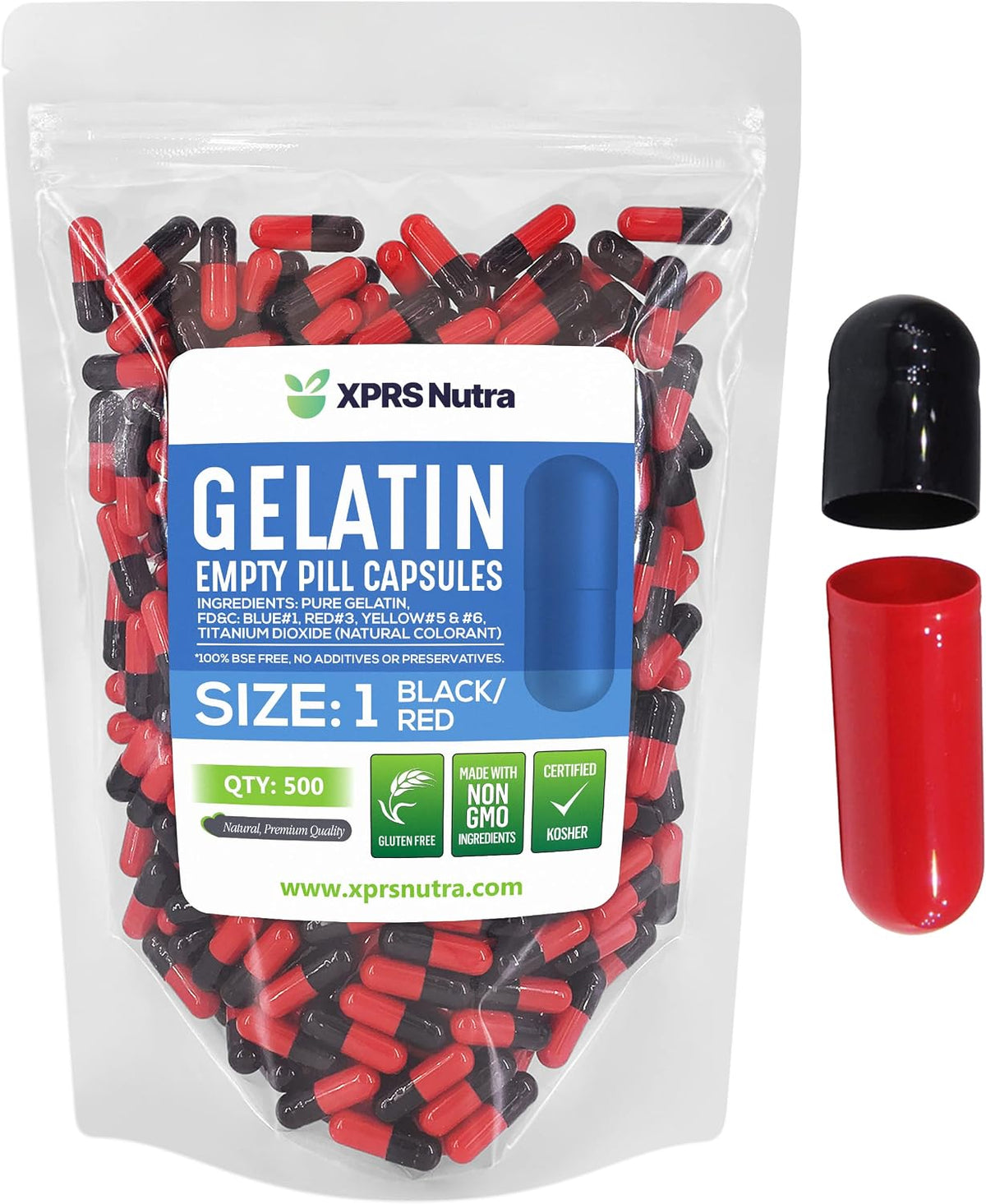 XPRS Nutra Cápsulas Vacías de Gelatina Tamaño 1 - 500 Unidades - Color Negro/Rojo – Image 1