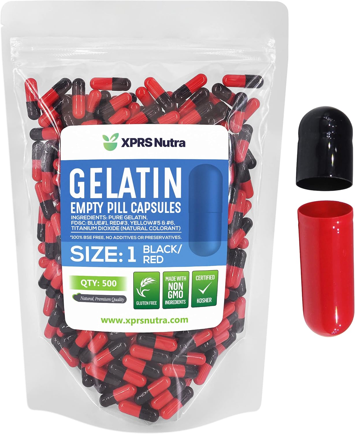 XPRS Nutra Cápsulas Vacías de Gelatina Tamaño 1 - 500 Unidades - Color Negro/Rojo