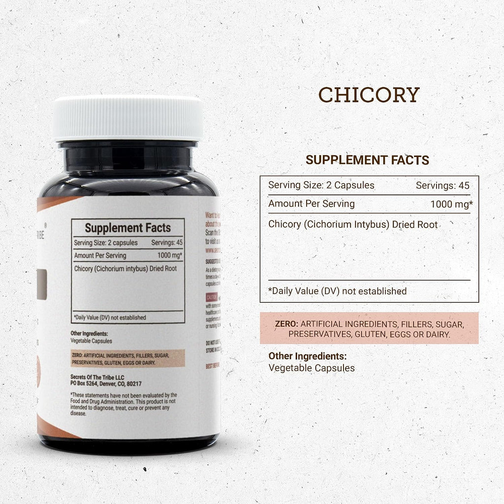 Secrets of the Tribe Achicoria 90 Cápsulas, 1000 mg, Raíz de Achicoria (Cichorium Intybus) Seca