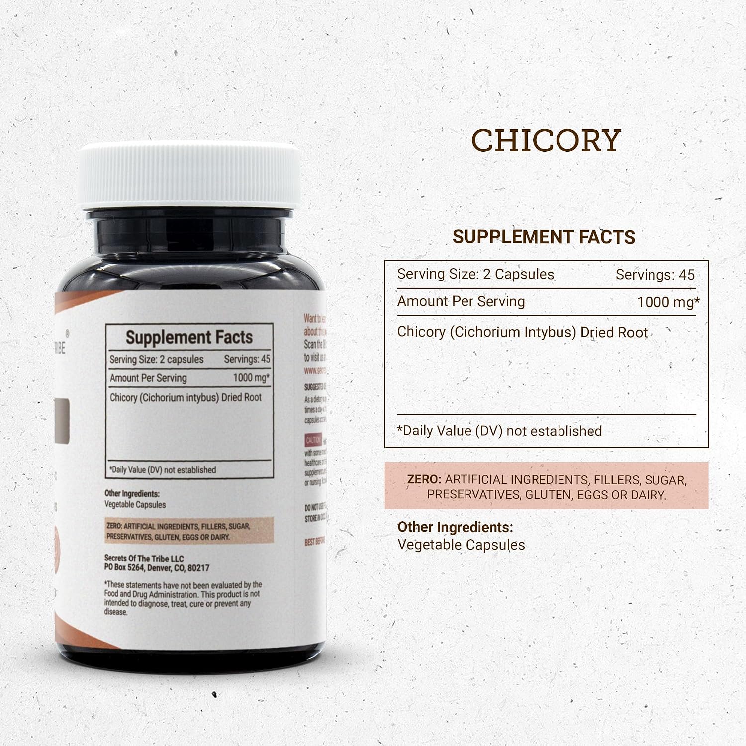 Secrets of the Tribe Achicoria 90 Cápsulas, 1000 mg, Raíz de Achicoria (Cichorium Intybus) Seca