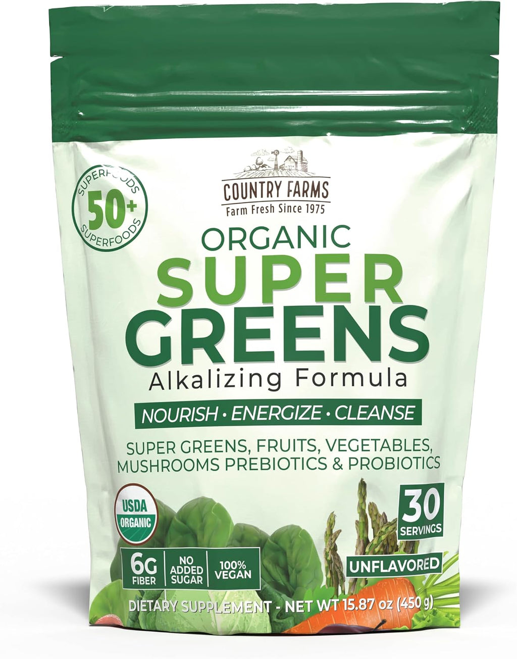 Country Farms Super Greens Sabor Natural, 50 Superalimentos Orgánicos, USDA Organic, Mezcla de Verduras, Frutas, con Fibra, Hongos y Probióticos, Apoya la Energía, 60 Porciones, 900g