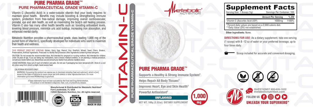 Metabolic Nutrition Vitamina C 1000 mg, Ácido Ascórbico Puro, 100 g