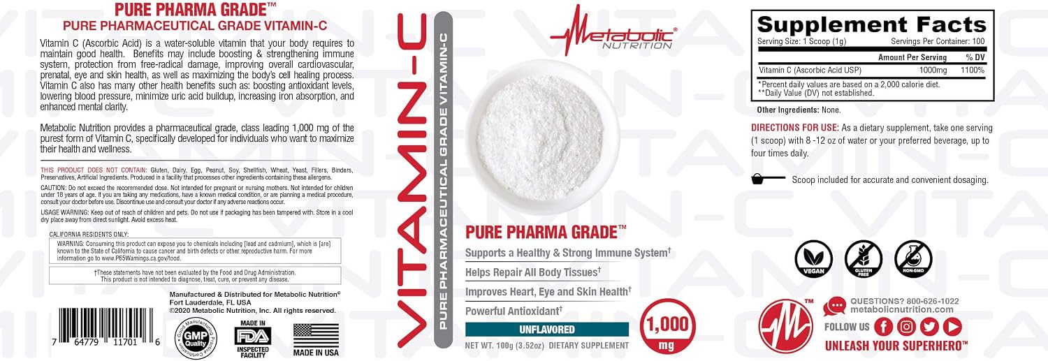 Metabolic Nutrition Vitamina C 1000 mg, Ácido Ascórbico Puro, 100 g