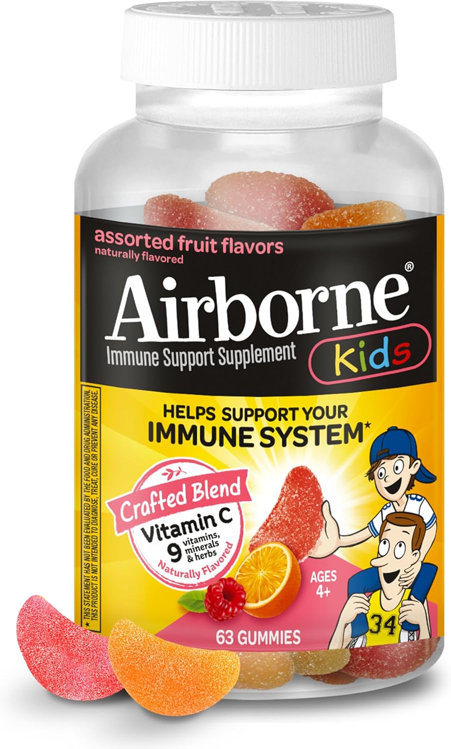 Airborne Kids Gomitas de Vitamina C 500 mg con Zinc y Antioxidantes - 63 gomas, Sabor a Frutas Variadas