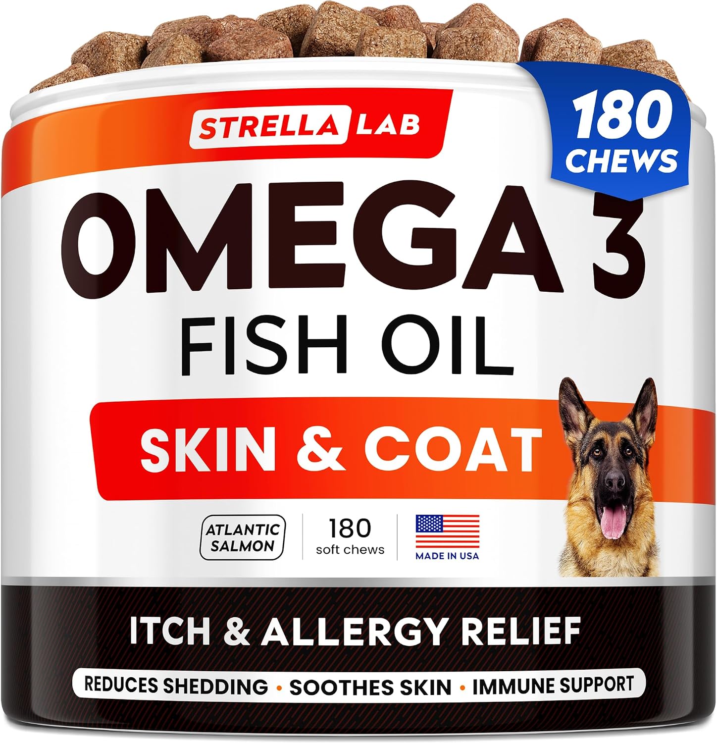 StrellaLab Omega 3 para Perros - 540 Golosinas de Aceite de Salmón - Complemento para Piel y Pelaje - Alivio del Picor y Anti-caída - Sabor a Hígado de Pollo