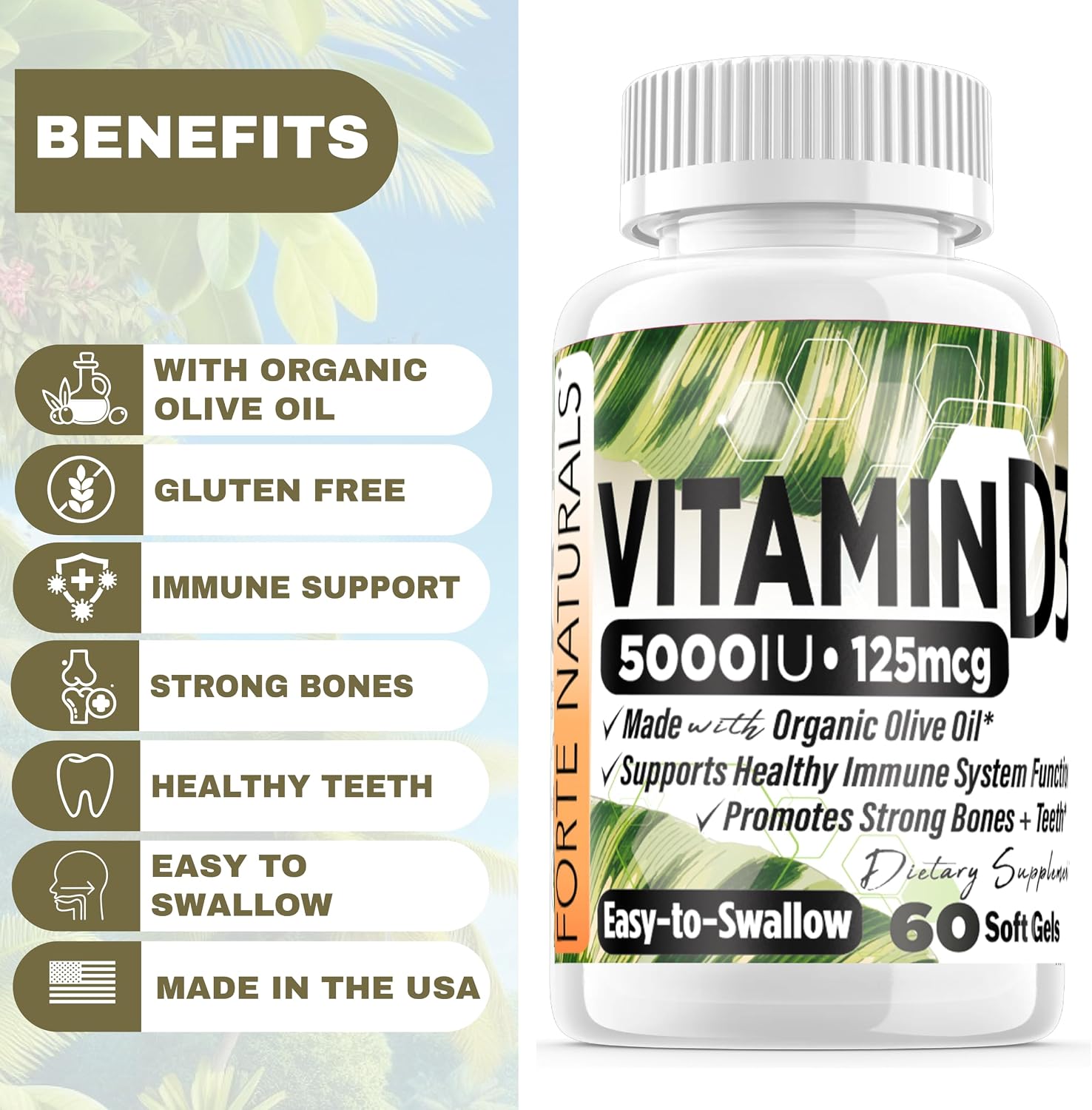 FORTE NATURALS Vitamina D3 5000 IU (125 mcg) - Cápsulas Blandas para Estómagos Sensibles
