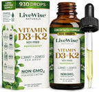 Live Wise Naturals Vitamin D3 K2 (MK-7) Mint Drops for Adults | 930 Drops, Ultra Concentrated Formula, 1208 IU, 25 MCG, Customizable Microdose Dropper, Calcium and Bone Support