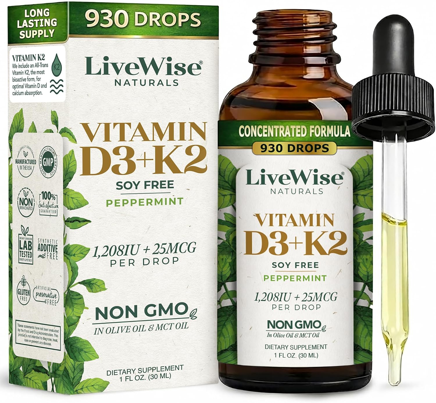 Live Wise Naturals Vitamin D3 K2 (MK-7) Mint Drops for Adults | 930 Drops, Ultra Concentrated Formula, 1208 IU, 25 MCG, Customizable Microdose Dropper, Calcium and Bone Support