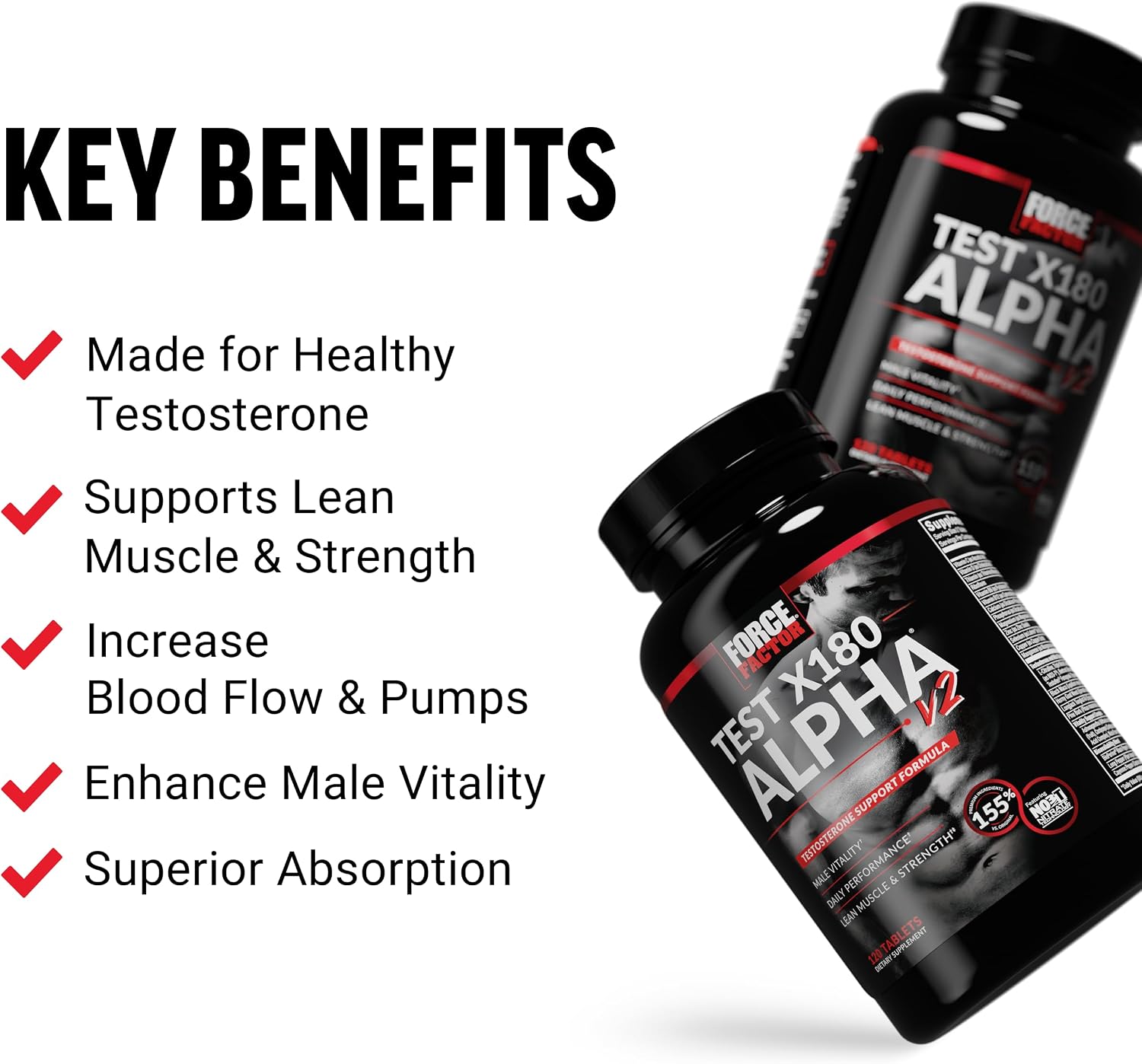 Force Factor Test X180 Alpha v2 – Suplemento de Apoyo Masculino, 120 Comprimidos