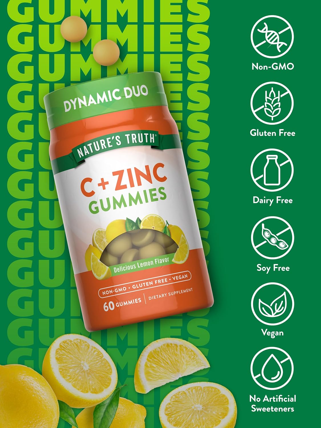 Nature's Truth Vitamin C Gummies with Zinc para Adultos | 60 Gominolas | Apoyo Inmunológico | Vegano, No GMO y Sin Gluten