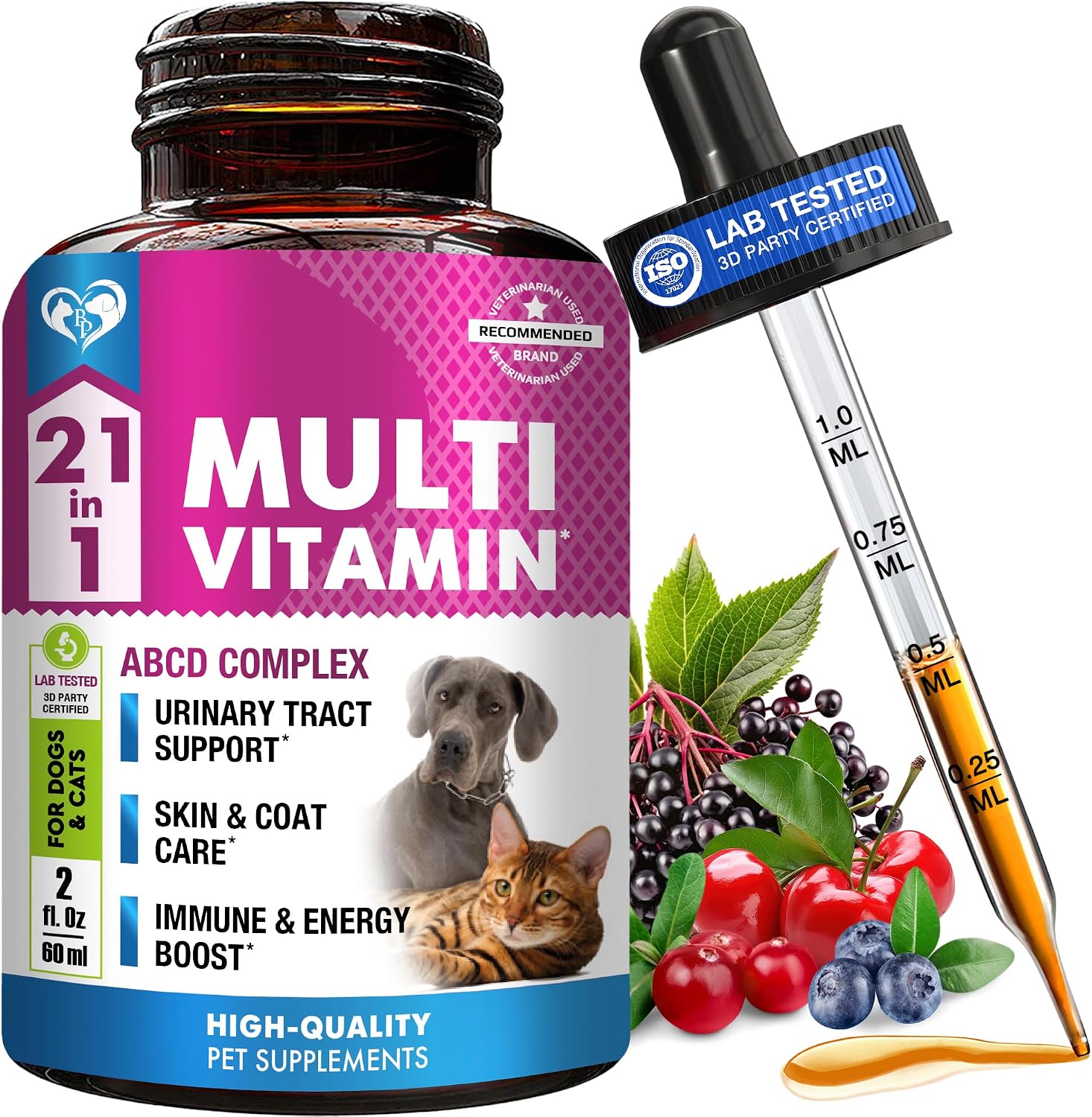 Multivitamínico Líquido 21 en 1 para Perros y Gatos con Glucosamina y Arándano Rojo – Apoyo para Tracto Urinario, Articulaciones, Piel y Pelaje (60 ml)