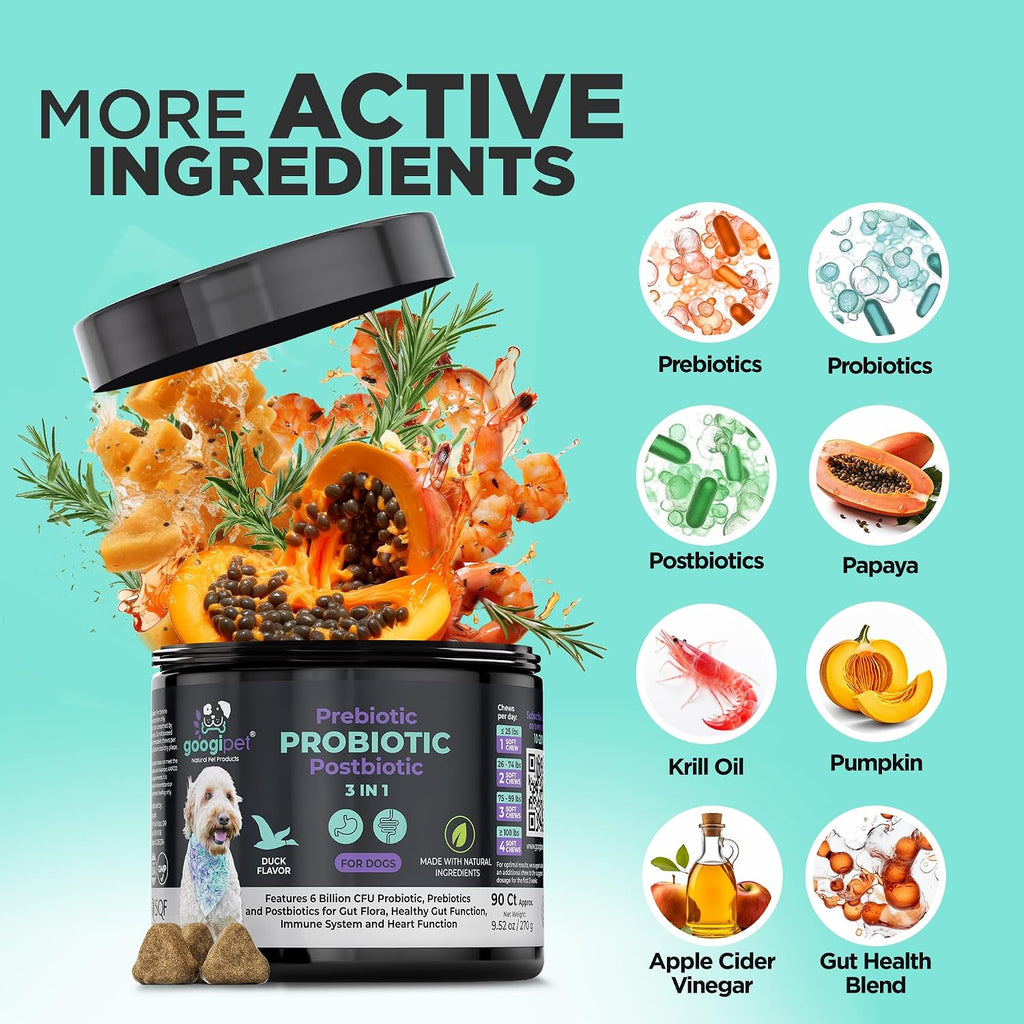 Googipet Probióticos para Perros - Salud Digestiva e Inmunitaria - Masticables con Prebióticos, Probióticos y Enzimas - 6 Mil Millones UFC - Sabor a Pato