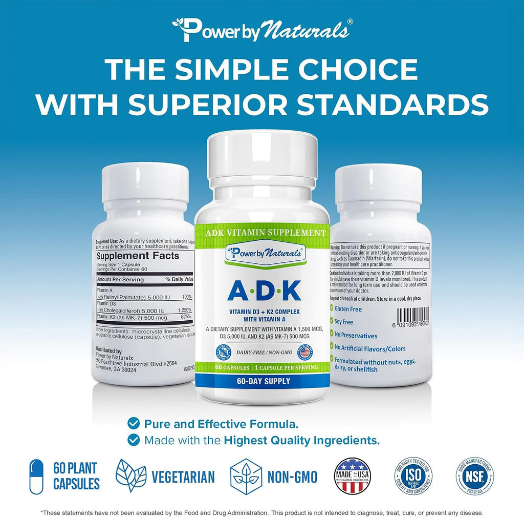 Power By Naturals ADK - Complejo de Vitaminas A, D3 y K2 MK-7 - 120 Cápsulas (2 Envases, 4 Meses)