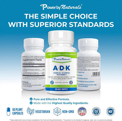 Power By Naturals ADK - Complejo de Vitaminas A, D3 y K2 MK-7 - 120 Cápsulas (2 Envases, 4 Meses) – Image 4