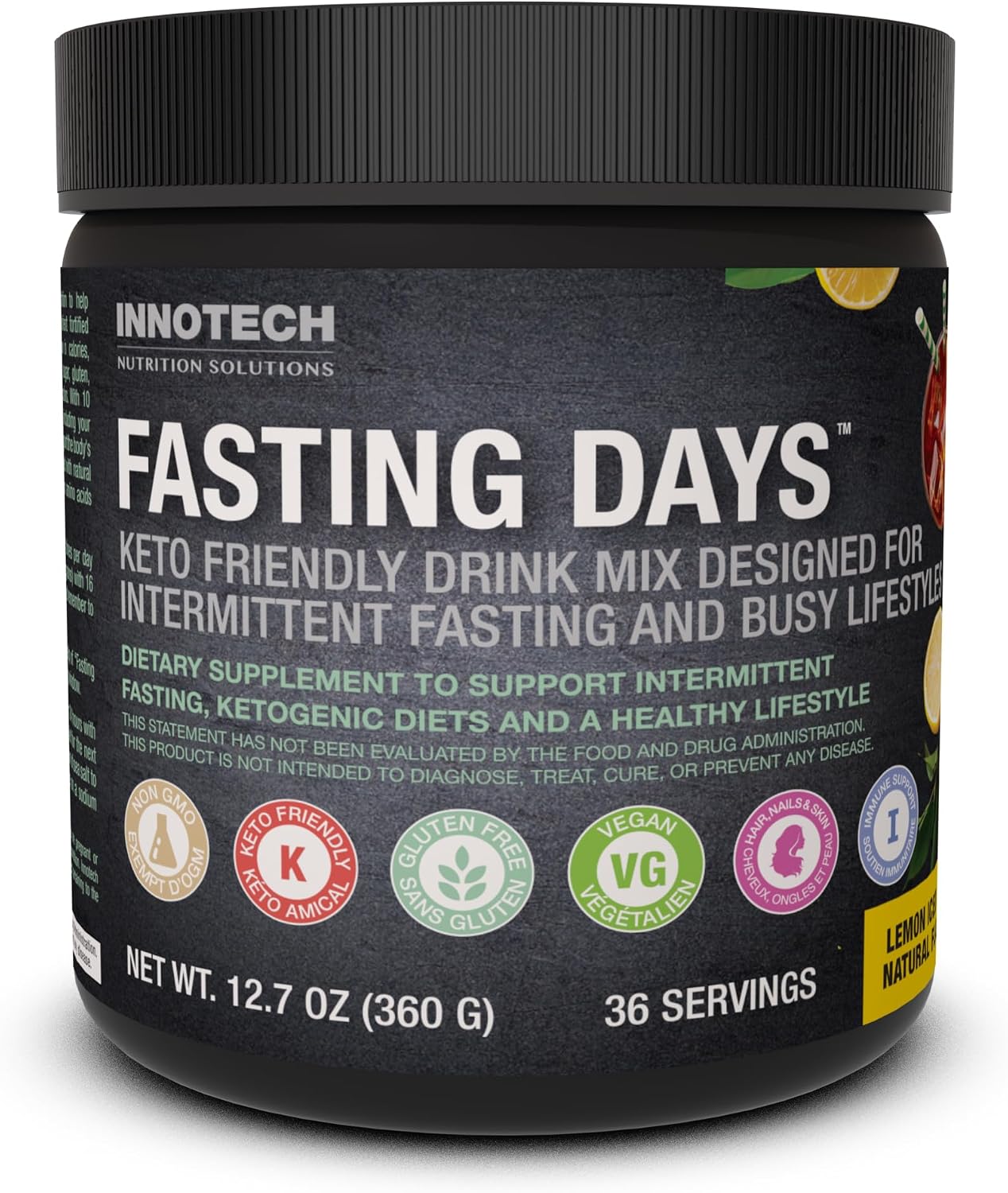 Innotech Nutrition Fasting Days - Mezcla para Ayuno Intermitente con 42 Ingredientes Esenciales y Electrolitos - Limón Té Helado, 360g