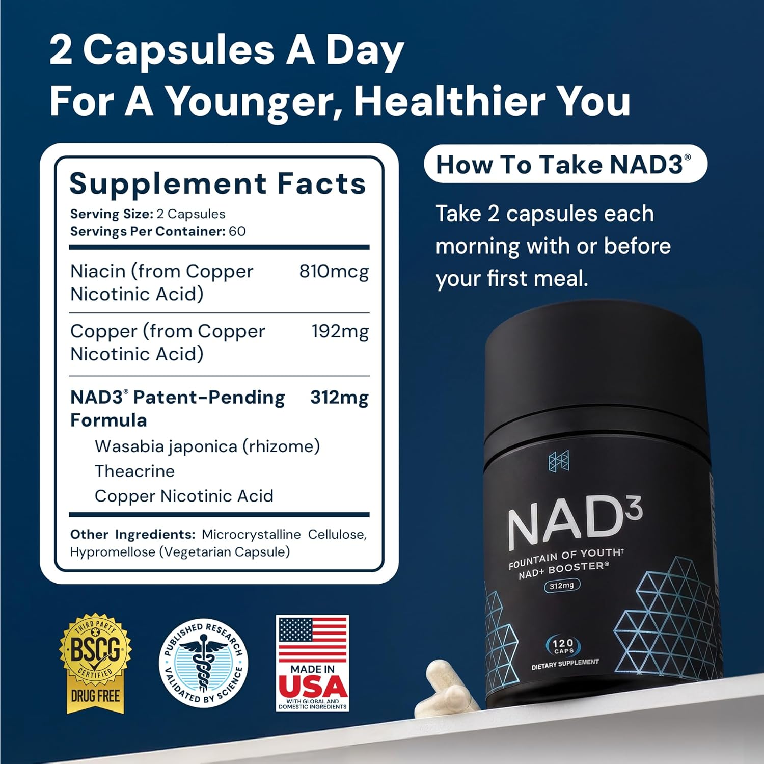 HPN NAD3 Clinical - Potenciador de NAD+ para Salud Celular y Energía Natural, 120 Cápsulas
