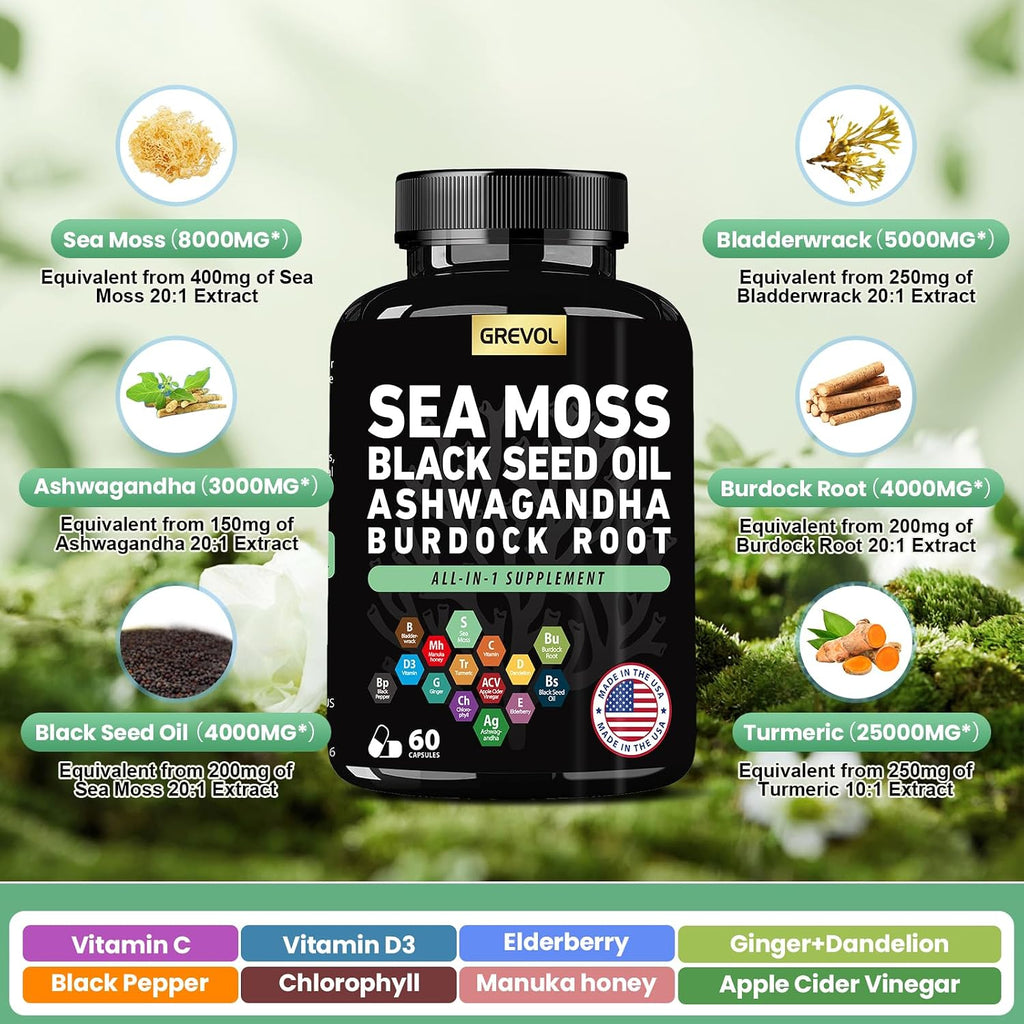 Grevol Complex Multimineral con Sea Moss, Ashwagandha y Vitaminas C y D3 – 60 Cápsulas