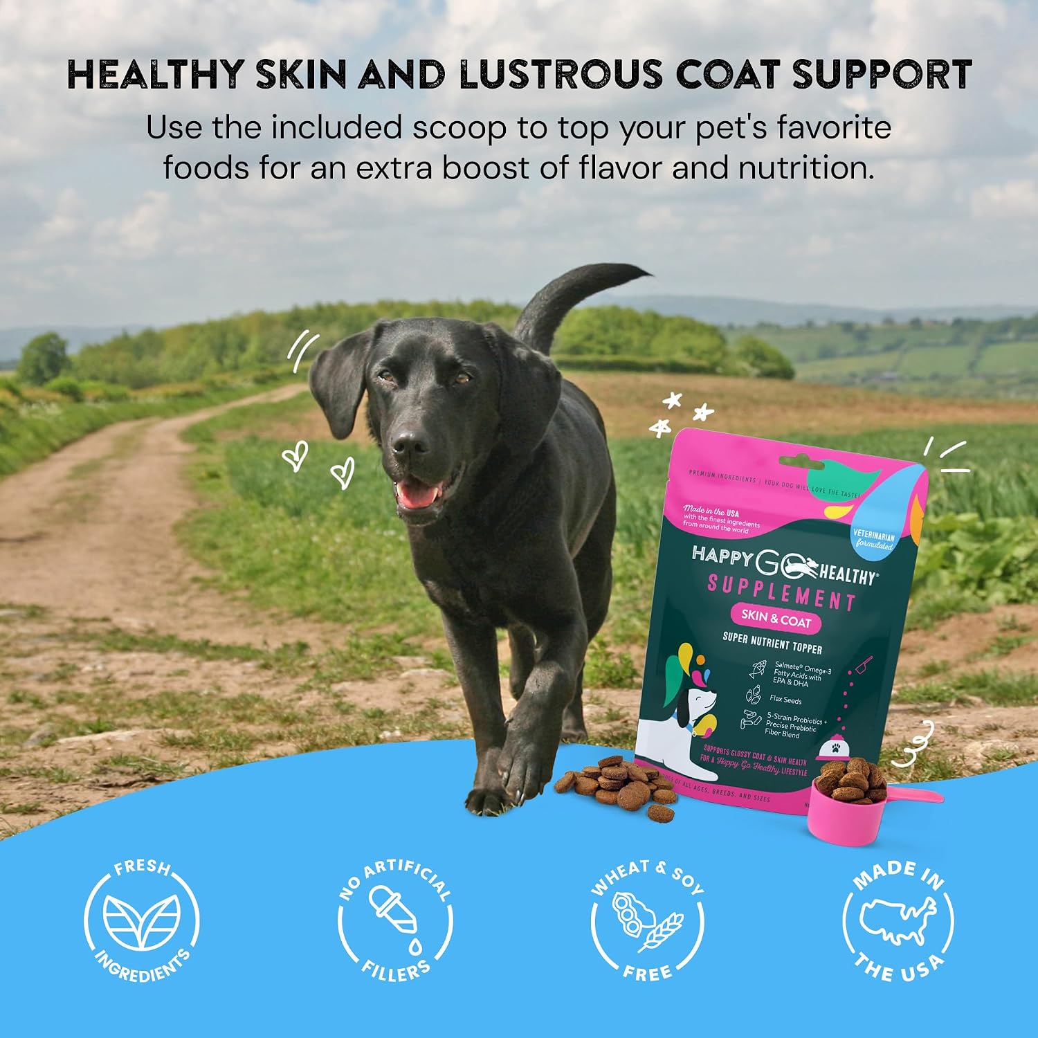 Happy Go Healthy Suplemento para Piel y Pelaje para Perros | Con Omega-3 y Probióticos | 21 porciones