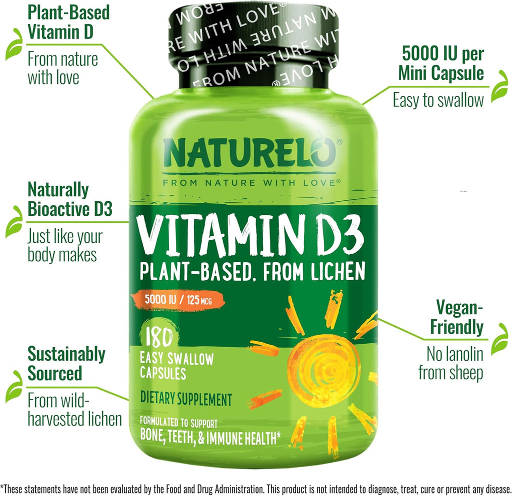 NATURELO Vitamina D3 5000 UI - Vegana a base de Liquen - 180 Cápsulas