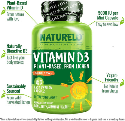 NATURELO Vitamina D3 5000 UI - Vegana a base de Liquen - 180 Cápsulas – Image 2