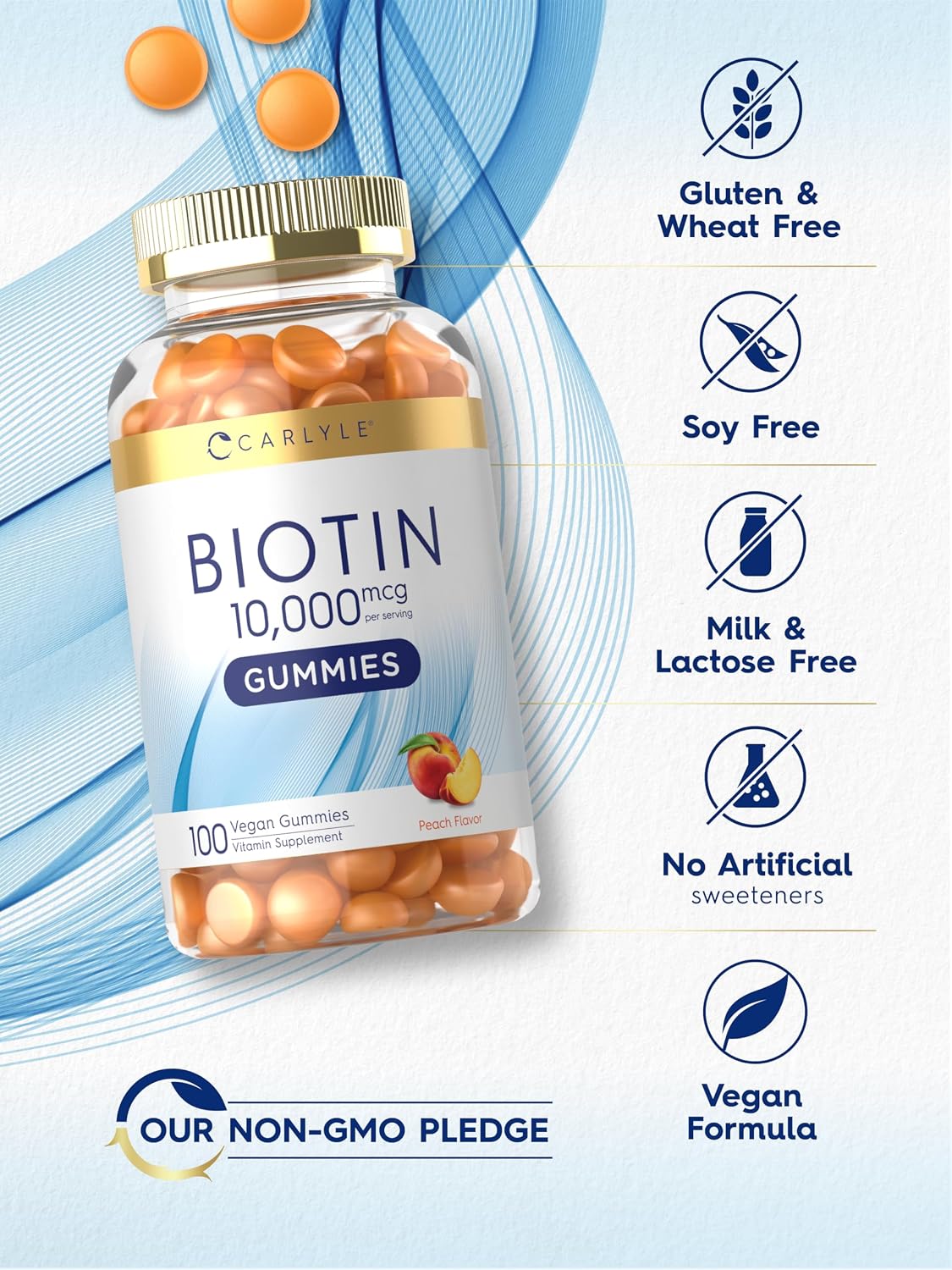 Carlyle Biotin 10000mcg Gummies – Gominolas de Biotina 10000 mcg, Sabor Melocotón, 100 uds