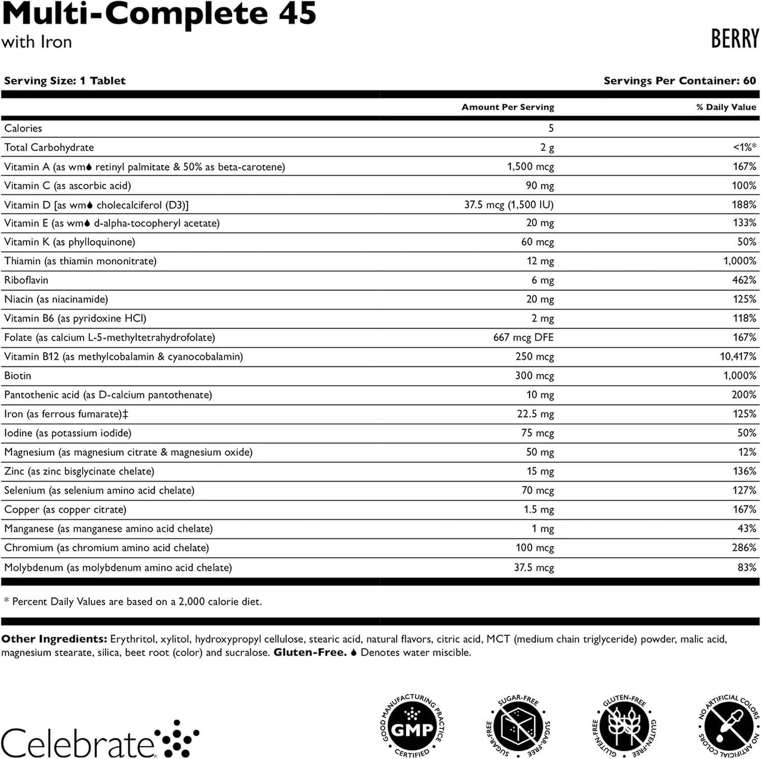 Celebrate Multi-Complete Masticable, Multivitamínico Bariátrico con 45mg de Hierro - 180 Comprimidos Sabor Berry