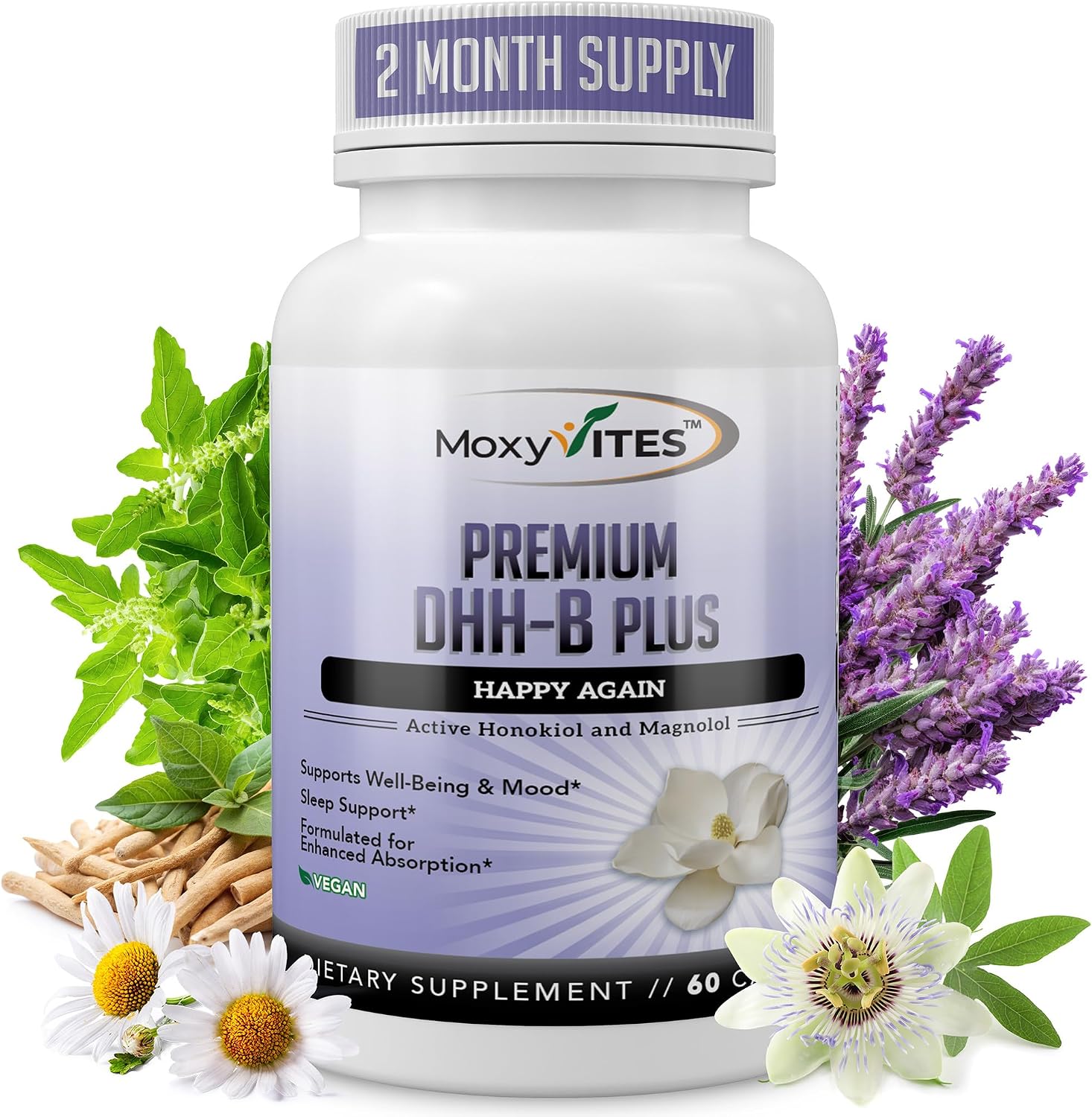 MoxyVites DHH-B Supplement - Extracto Bioactivo de Corteza de Magnolia con Ashwagandha Orgánica, 60 Cápsulas Veganas