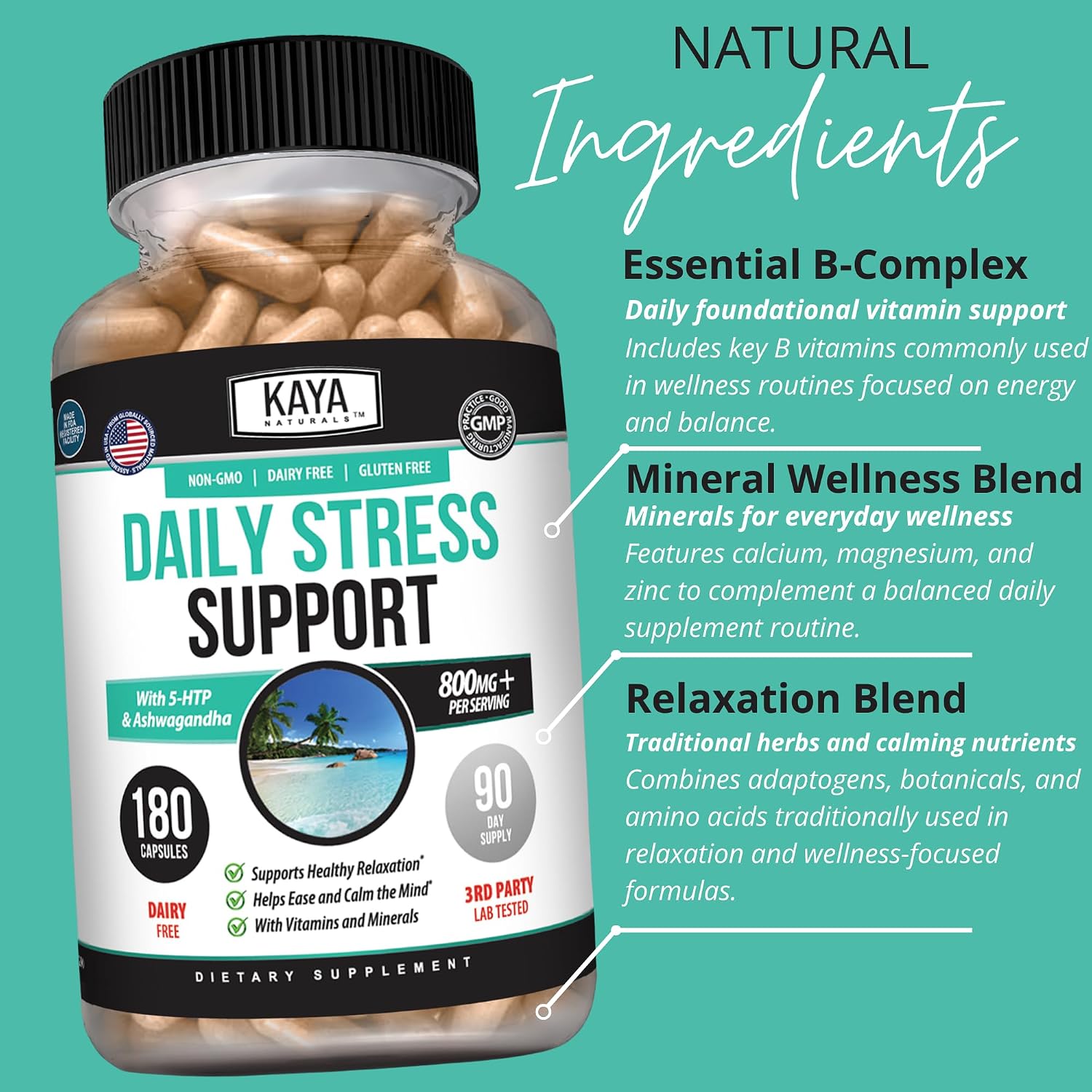 Kaya Naturals - Suplemento Herbal Natural para la Relajación y el Equilibrio - 180 Cápsulas