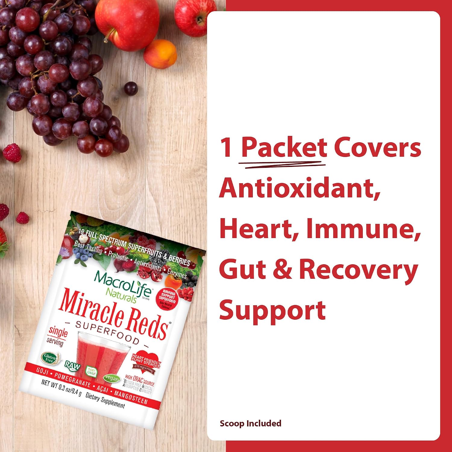 MacroLife Naturals Miracle Reds Superfood Powder - 19 Superfrutas, Probióticos y Enzimas - 12 Sobres