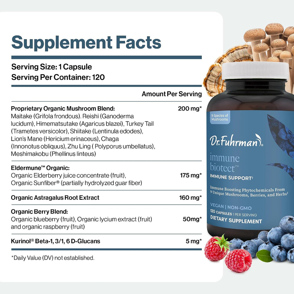 Dr. Fuhrman Immune Biotect – Apoyo Inmunológico Natural con Champiñones Orgánicos, Bayas y Astrágalo – 120 Cápsulas