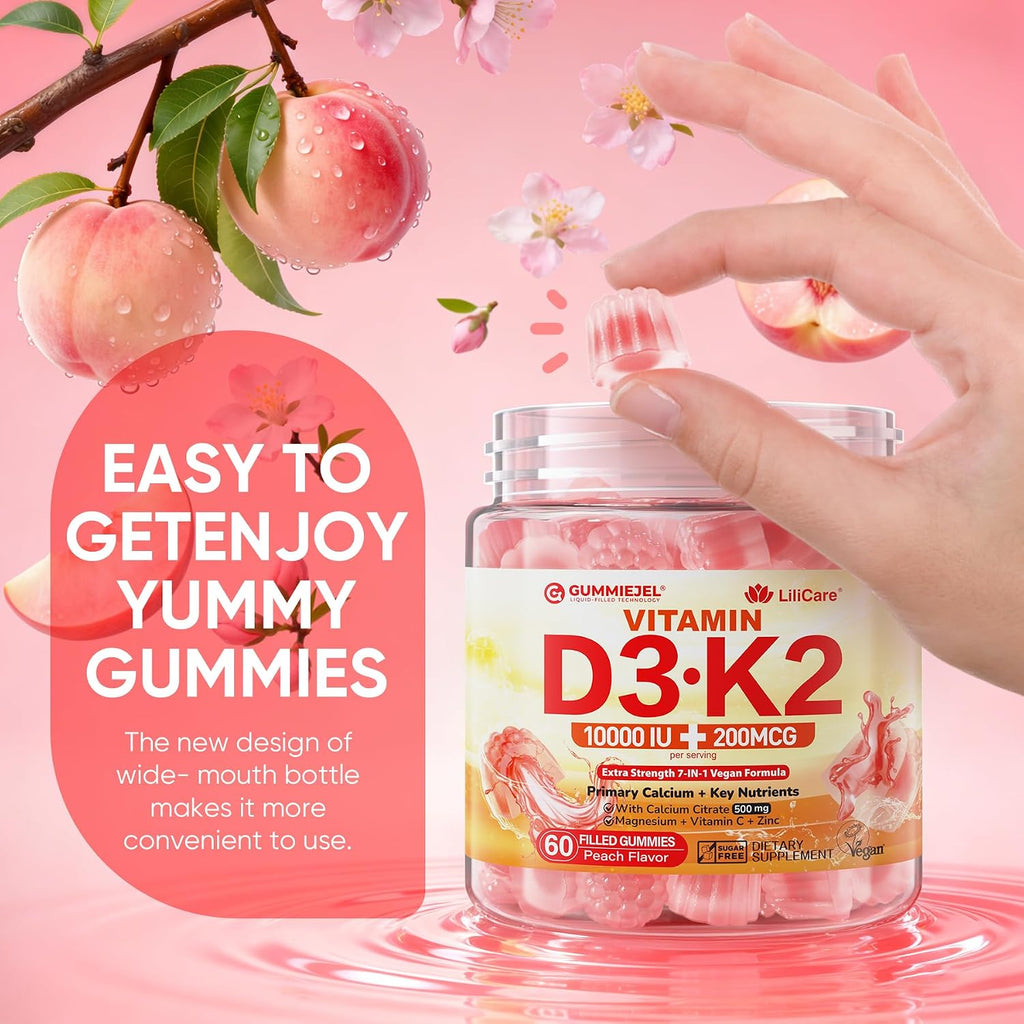 Vitamin D3 K2 Gummies con Calcio, Magnesio, Vitamina C y Zinc - 60 Gominolas Veganas