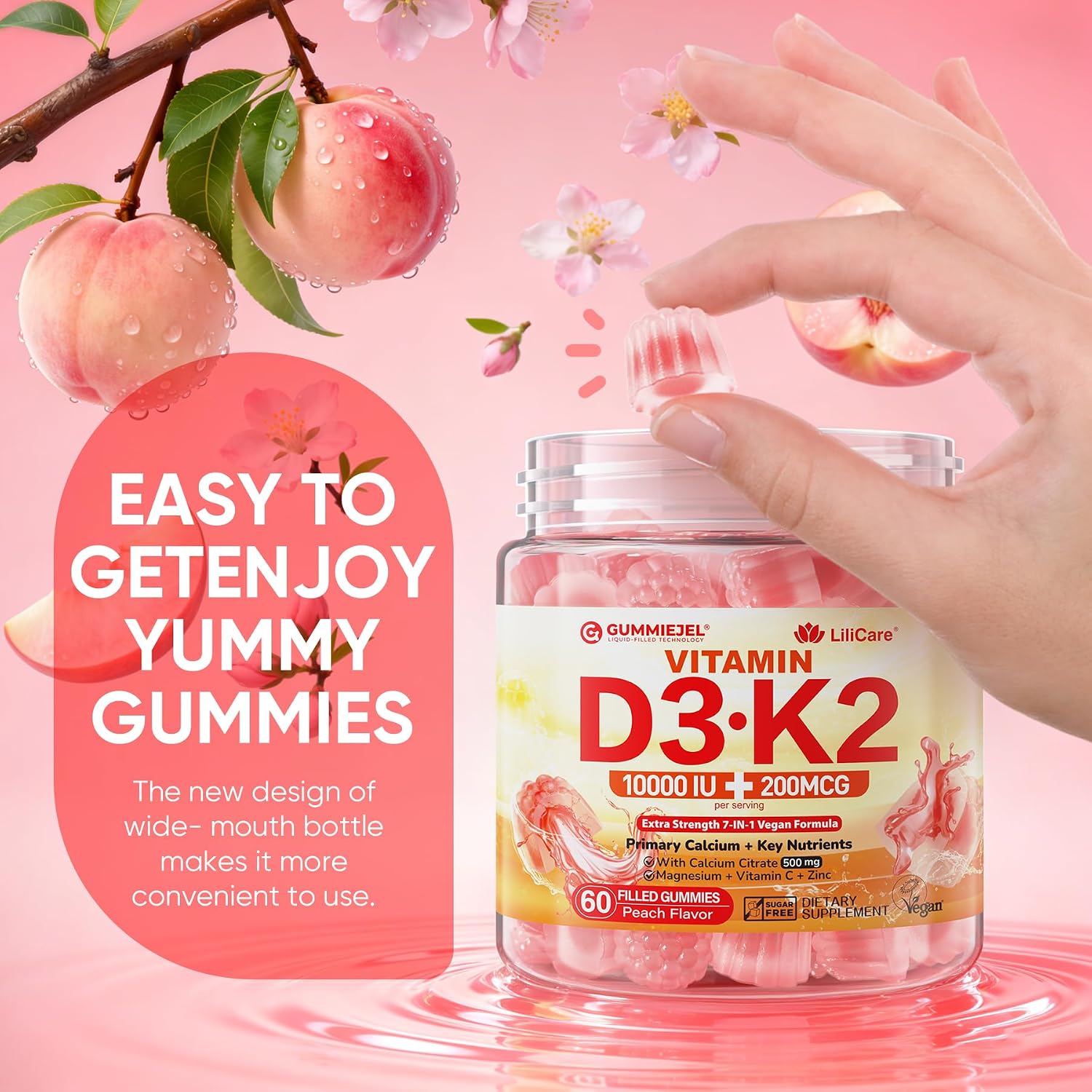Vitamin D3 K2 Gummies con Calcio, Magnesio, Vitamina C y Zinc - 60 Gominolas Veganas