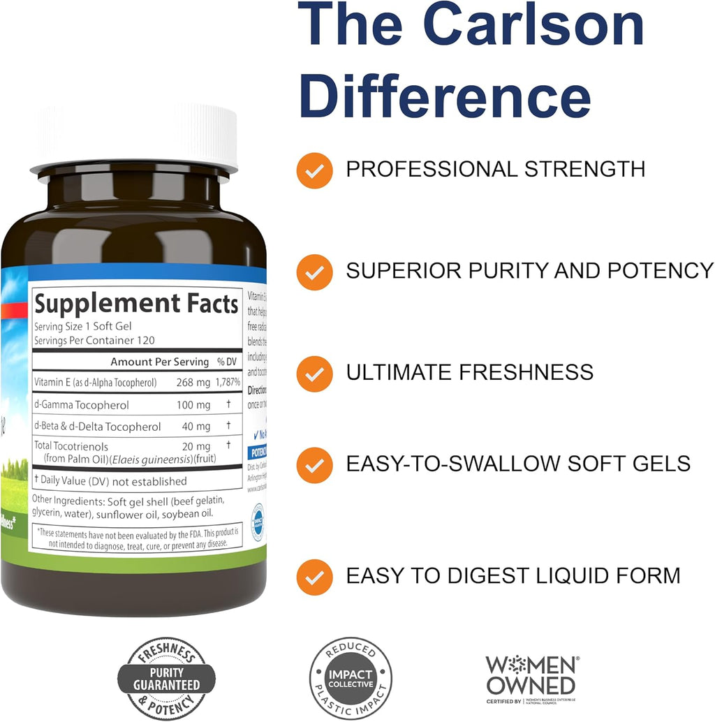Carlson - E-Gems Elite, 400 UI (268 mg) Vitamina E con Tocoferoles y Tocotrienoles, 120 Perlas Blandas