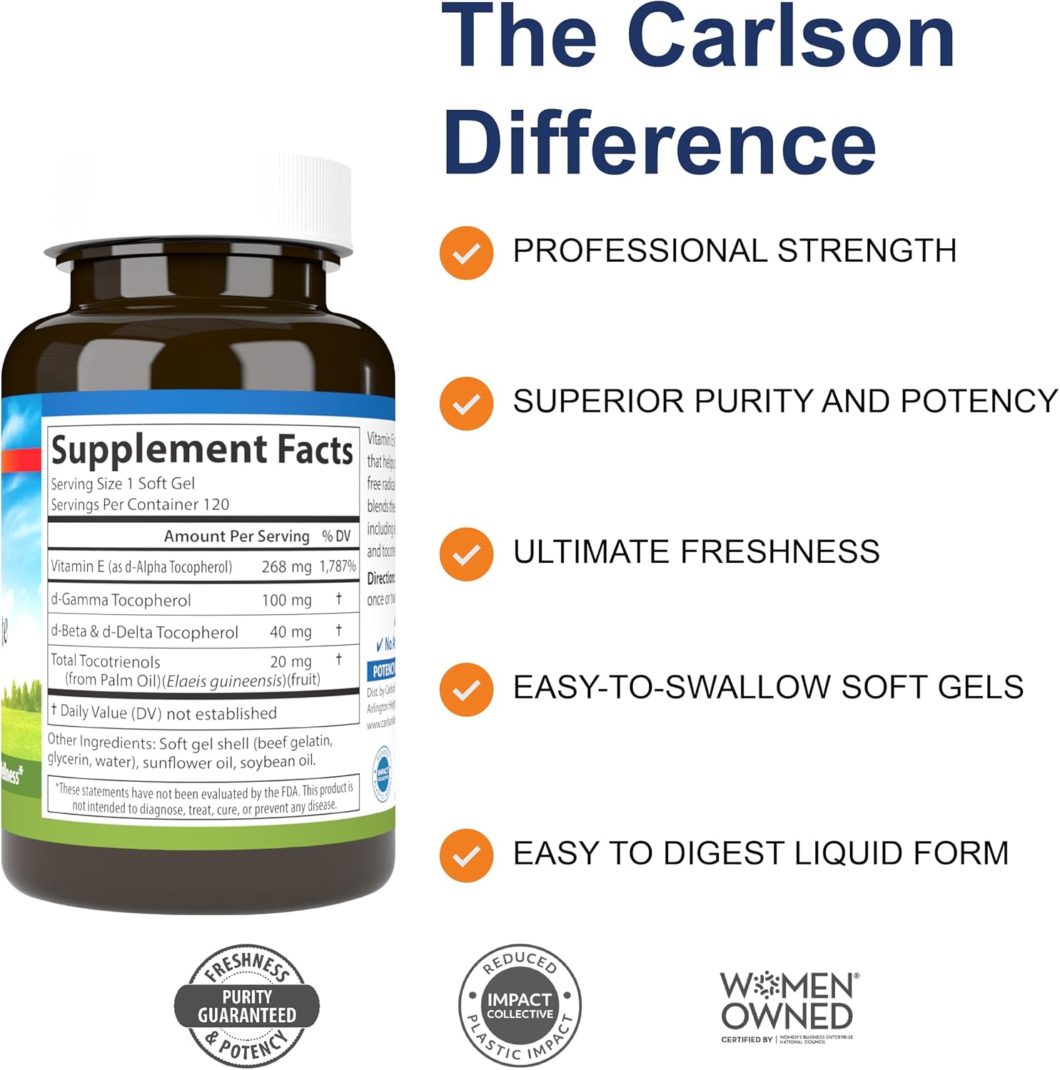 Carlson - E-Gems Elite, 400 UI (268 mg) Vitamina E con Tocoferoles y Tocotrienoles, 120 Perlas Blandas