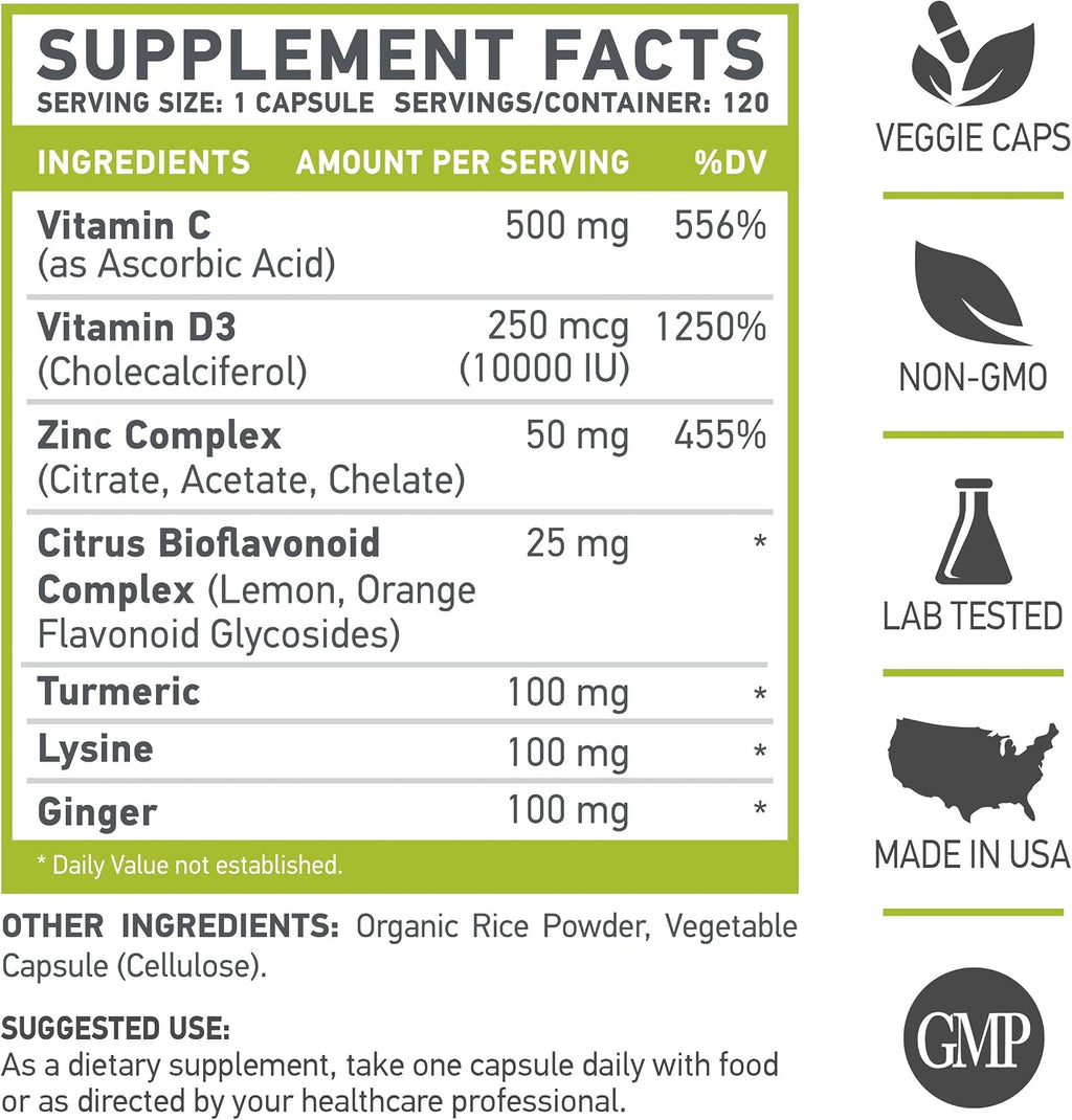 Z D C Plus | Vitamina C 500mg, D3 250 IU, Zinc 25mg | 120 Cápsulas Veganas