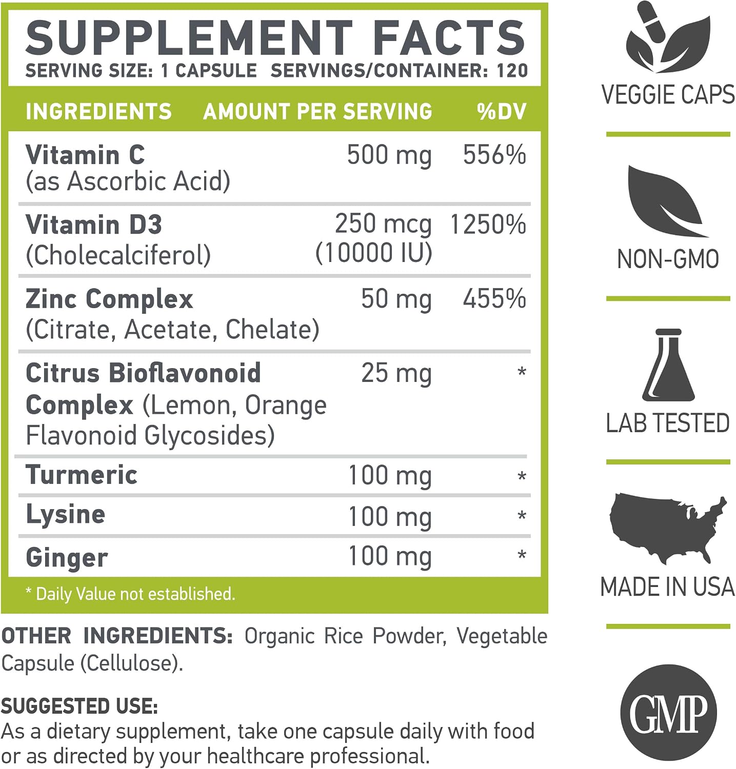 Z D C Plus | Vitamina C 500mg, D3 250 IU, Zinc 25mg | 120 Cápsulas Veganas