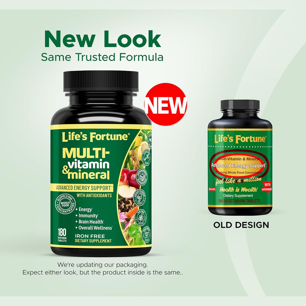 Life's Fortune Multivitamínico Completo de Alimentos Integrales para Hombres y Mujeres - Apoyo Energético, Inmunidad y Metabolismo - Sin Hierro, 180 Comprimidos Vegetarianos
