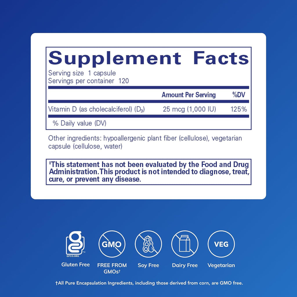 Pure Encapsulations Vitamina D3 25 mcg (1000 UI) – 120 Cápsulas