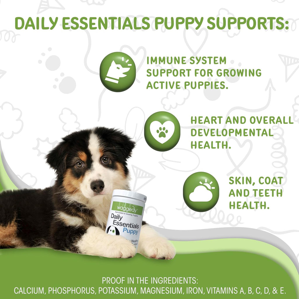 Waggedy Daily Essentials Puppy – Golosinas multivitamínicas para cachorros (60 unidades)